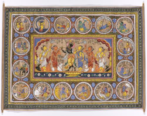 The Hindu deity Krishna plays the flute and other scenes from the life of Krishna