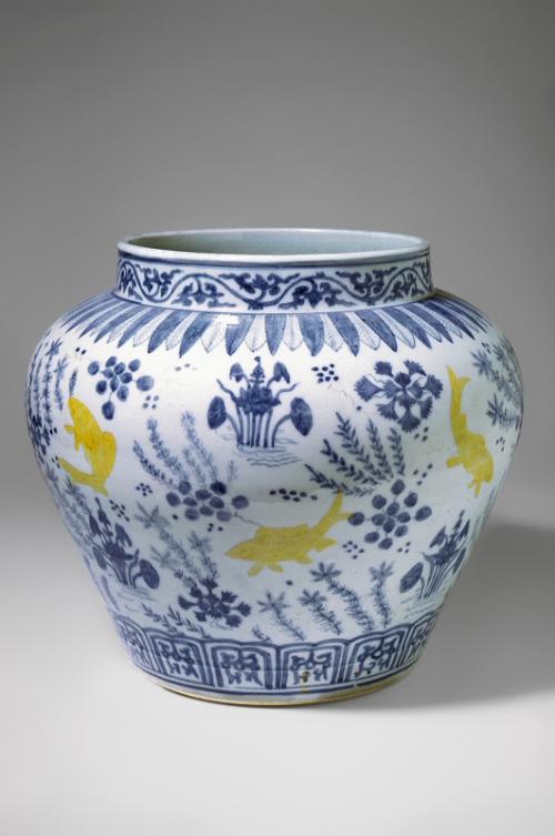 Jar with fish in lotus pond