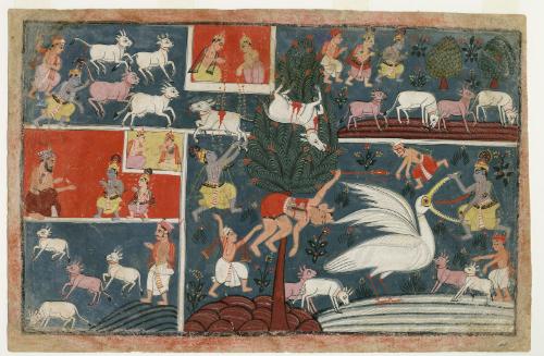 The Hindu deity Krishna kills Baka the crane demon and Vatsa the calf demon, from a manuscript of the Bhagavata Purana (Ancient Tales of the Lord Vishnu)
