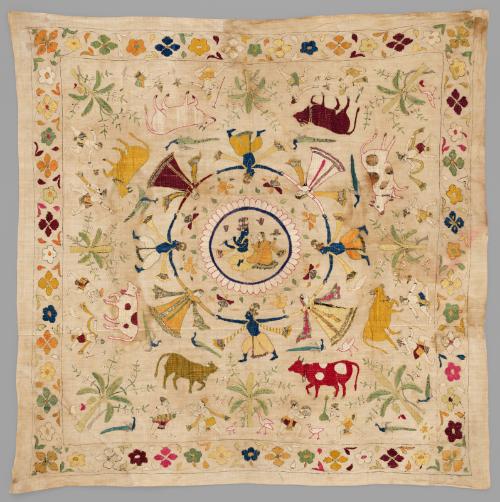 Covering cloth with scene of Krishna dancing with cowherd women
