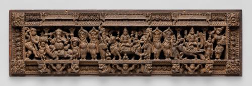 Overdoor panel with the Hindu deities Shiva and Parvati flanked by Ganesha, Skanda, and other figures