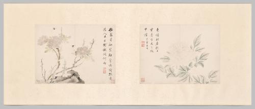 Flower paintings of peach blossoms and purple peonies