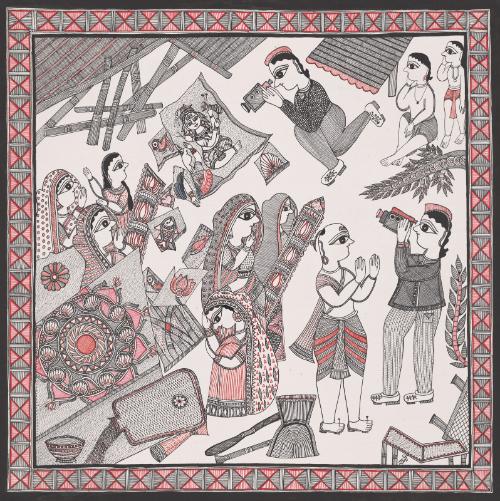 W. G. Archer documenting earthquake damage to  wall-paintings in Mithila