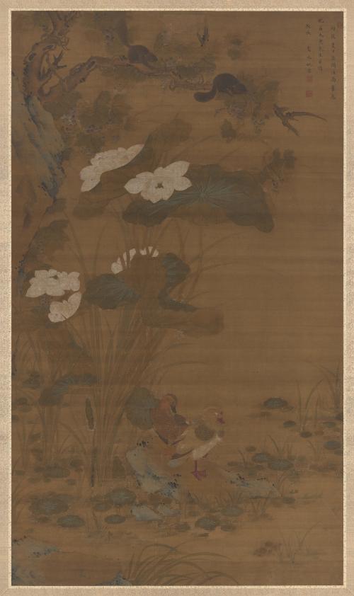 Mandarin Ducks in a Lotus Pond beneath Squirrels