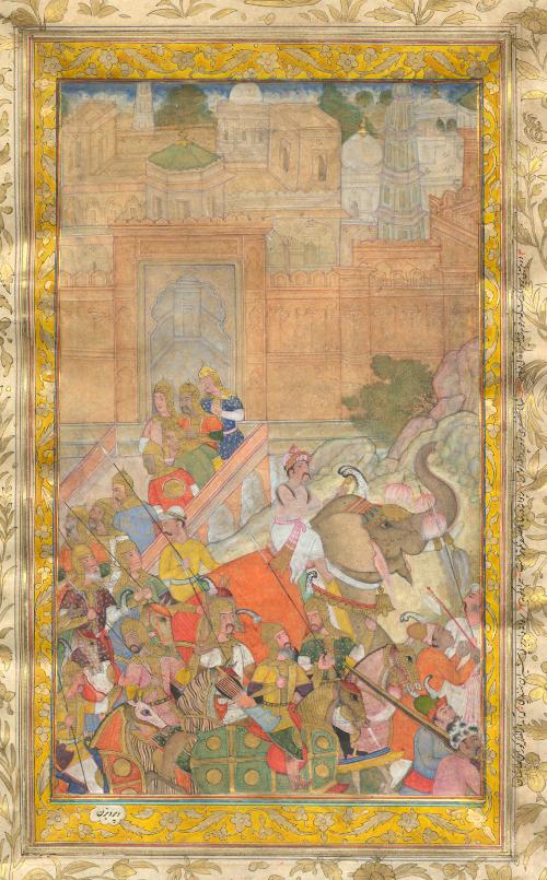The Emperor Akbar and his troops leave a fortress: a page from an Akbarnama, mounted on a page from the Farhang-i Jahangiri
