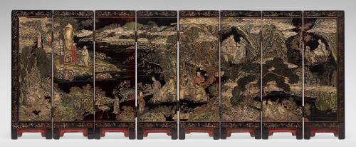 Eight-panel table screen with scenes of elegant gatherings