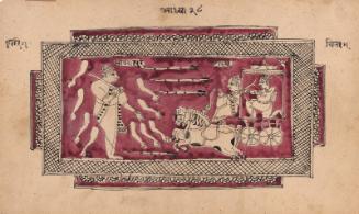 The Hindu god Krishna in a chariot attacking the demon Banasura, from a manuscript of the Bhagavata Purana (Ancient Tales of the Lord Vishnu)
