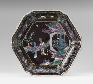 Plate depicting zither-playing lady and attendant under the moonlight