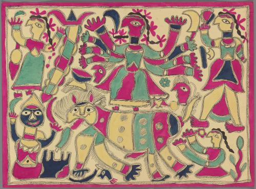 The Hindu deity Durga riding a lion