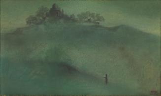 Mughal temple on a distant hill and a woman in the foreground carrying a lamp toward the temple in homage to her ancestors
