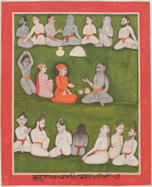 Guru Nanak and the holy man Sant Ren, from a manuscript of the Janam Sakhi (Life Stories)