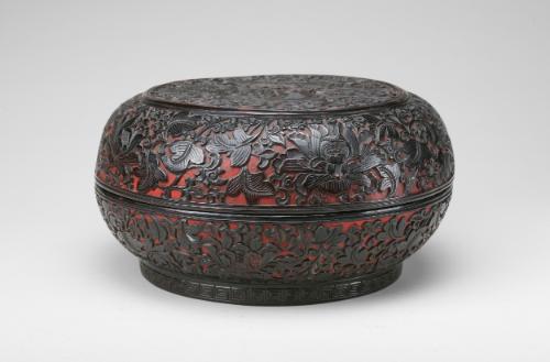 Lidded box with a scene of two lions playing with balls