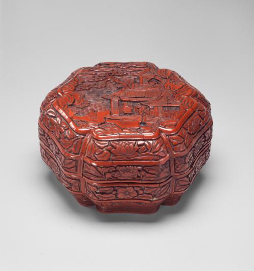 Lobed box with a scene of tea drinking