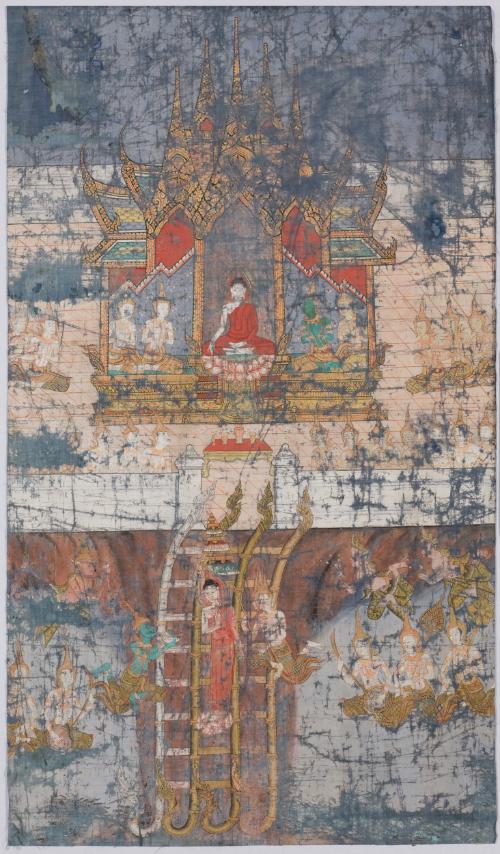 The Buddha preaching in Indra's Heaven and descending to earth