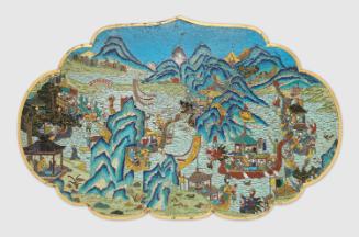 Plaque showing the Dragon Boat festival, one of a pair