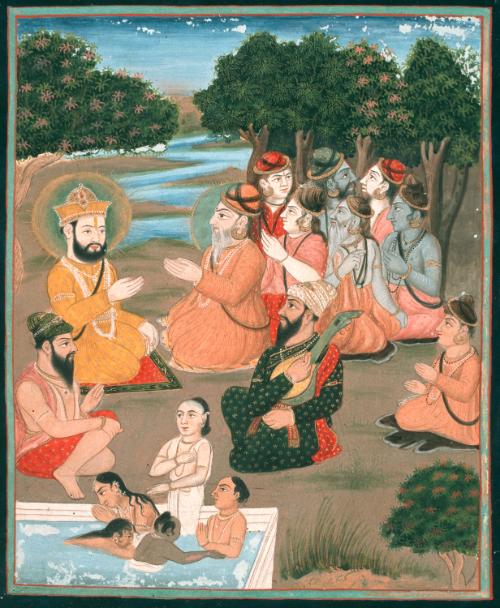 Guru Nanak meets Nath Siddhas at the village of Achal Batala, from a manuscript of the Janam Sakhi (Life Stories)