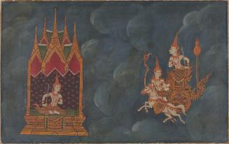 King Nimi is carried through the heavens on a divine chariot, a scene from the Nimi Jataka