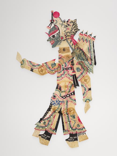 Blue-faced male figure wearing tiger headdress and four banners