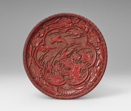 Round tray with scene of a lotus pond