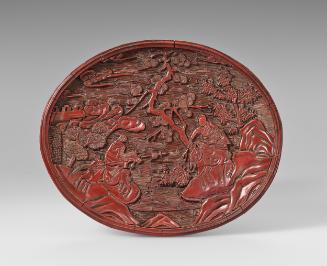 Oval tray decorated with a scene of two fighting warriors