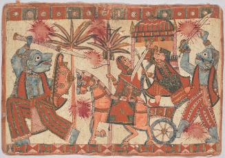 The hero Abhimanyu and his mother Subhadra encounter the giant hero Ghatotkacha; Abhimanyu and Ghatotkacha, not recognizing each other, fight, scenes from the epic  Mahabharata 
