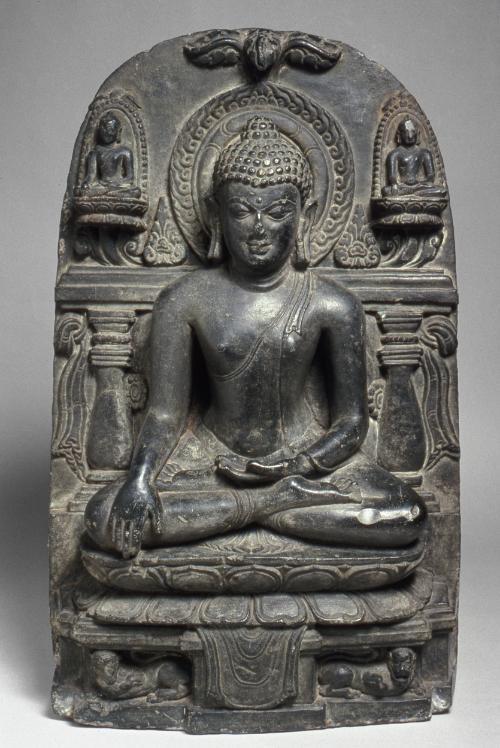 The Buddha triumphing over Mara, flanked by two seated Buddhas