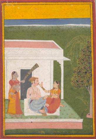 A woman offers betel to a man, perhaps from a ragamala series