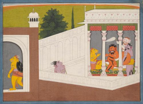 Demons in a palace, perhaps he demon Munda sending a messenger to the demon Chanda