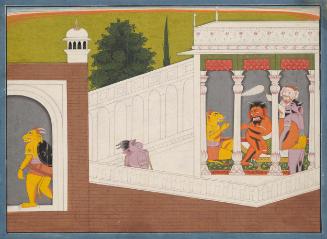 Demons in a palace, perhaps he demon Munda sending a messenger to the demon Chanda