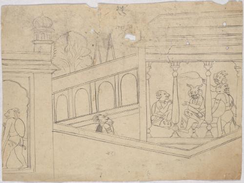 Demons in a palace, perhaps the demon Munda sending a messenger to the demon Chanda