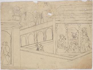Demons in a palace, perhaps the demon Munda sending a messenger to the demon Chanda