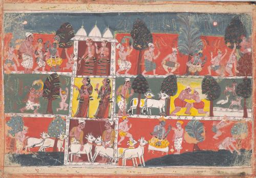 Krishna and Balarama and cowherd boys playing, from a Bhagavata Purana series