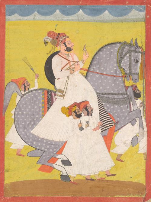 Nobleman on horseback with attendants