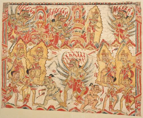A scene from the epic Mahabharata: Garuda overcomes the gods and steals the nectar of immortality