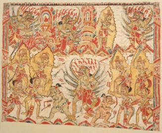 A scene from the epic Mahabharata: Garuda overcomes the gods and steals the nectar of immortality