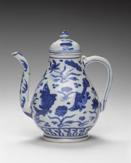 Covered pot with scene of fish pond