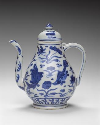 Covered pot with scene of fish pond
