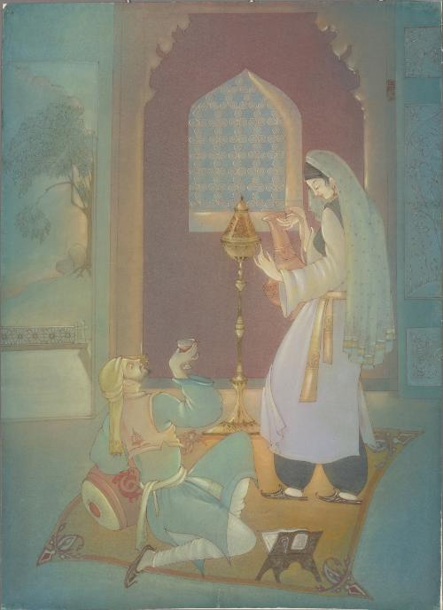 Woman pouring a drink for a seated man