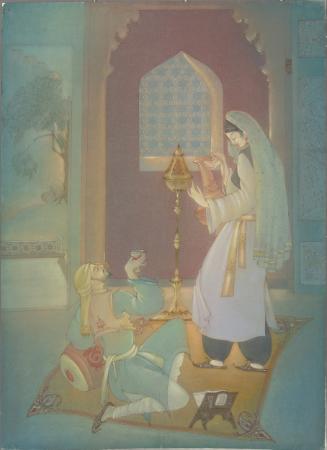 Woman pouring a drink for a seated man