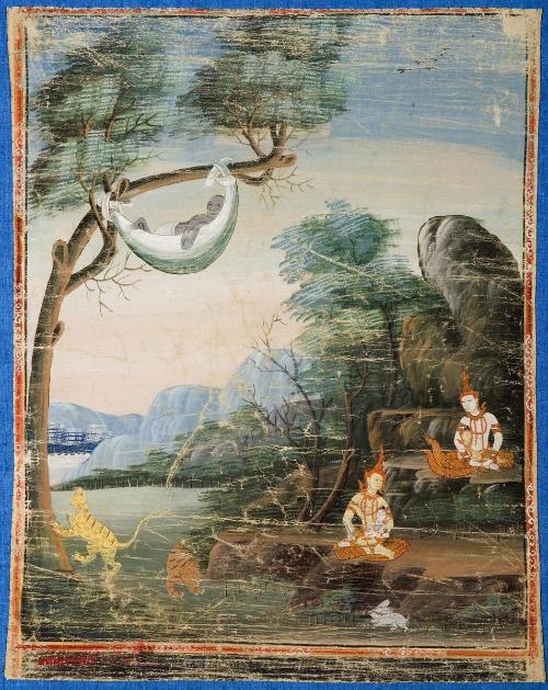 Vessantara's children are cared for as Jujaka sleeps, a scene from the next-to-last life of the Buddha (Vessantara Jataka)