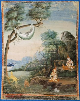 Vessantara's children are cared for as Jujaka sleeps, a scene from the next-to-last life of the Buddha (Vessantara Jataka)