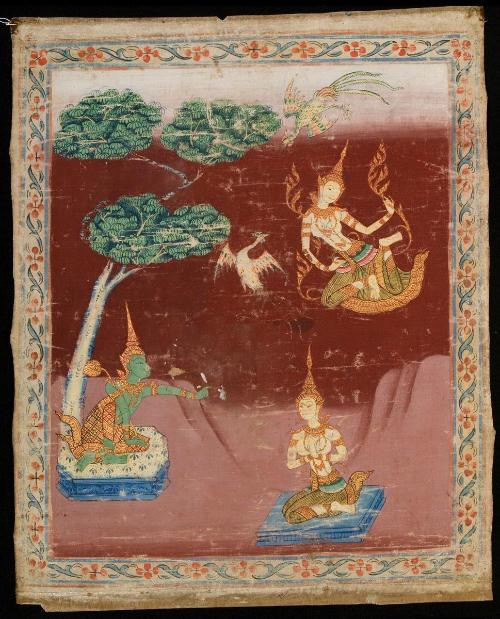 Indra grants Phusati ten favors before she descends from heaven to become the mother of Vessantara, a scene from the next-to-last life of the Buddha (Vessantara Jataka)