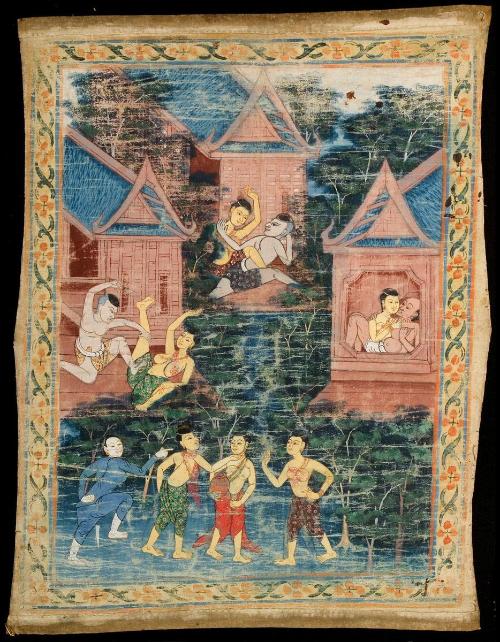 Jujaka's wife is ridiculed; she then urges her husband to ask Vessantara for his children, a scene from the next-to-last life of the Buddha (Vessantara Jataka)