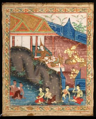 Vessantara and his family weep for joy at their reunion, chapter 12 from the next-to-last life of the Buddha (Vessantara Jataka)