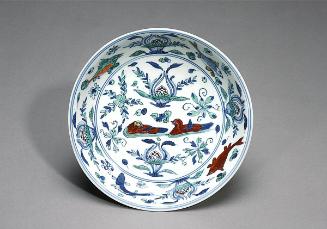 Dish with mandarin duck in lotus pond
