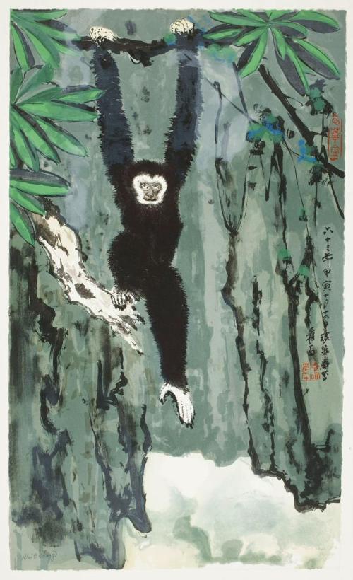 Hanging Gibbon Over an Autumn Stream